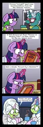 Size: 1063x3130 | Tagged: safe, artist:bobthedalek, derpibooru import, spike, starlight glimmer, trixie, twilight sparkle, twilight sparkle (alicorn), alicorn, pony, unicorn, the point of no return, bathrobe, book, clothes, comic, exclamation point, female, glowing horn, hoof polish, horn, interrobang, library, magic, magic aura, mare, misspelling, mud mask, question mark, robe, starlight's room, telekinesis, towel, towel on head