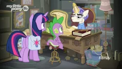 Size: 1920x1080 | Tagged: safe, derpibooru import, screencap, first folio, spike, twilight sparkle, twilight sparkle (alicorn), alicorn, dragon, pony, unicorn, the point of no return, bag, book, brooch, bucket, bust, chair, clothes, desk, discovery family logo, female, file cabinet, glasses, glowing horn, horn, lamp, magic, magic aura, mare, messy, office, painting, portrait, saddle bag, scroll, shirt, sitting, stool, telekinesis, winged spike