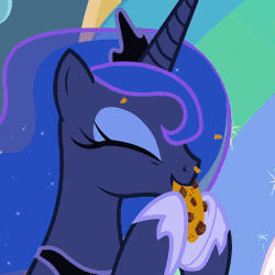 Size: 750x750 | Tagged: safe, derpibooru import, edit, edited screencap, editor:lolledits, screencap, princess celestia, princess luna, alicorn, pony, the beginning of the end, animated, cookie, cookie crumbs, cute, eating, food, gif, hnnng, lunabetes, nom, silly, silly pony, solo focus