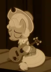 Size: 345x478 | Tagged: safe, derpibooru import, screencap, applejack, earth pony, pony, sparkle's seven, cropped, eyes closed, female, guitar, mare, musical instrument, sitting, solo