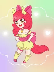 Size: 1024x1365 | Tagged: adorabloom, apple bloom, artist:lemon-lark, bare shoulders, beanbrows, bloomers, bow, clothes, cute, derpibooru import, eared humanization, eyebrows, eyebrows visible through hair, hair bow, hands on hip, heart, human, humanized, open mouth, safe, socks, solo, tailed humanization, tokyo mew mew