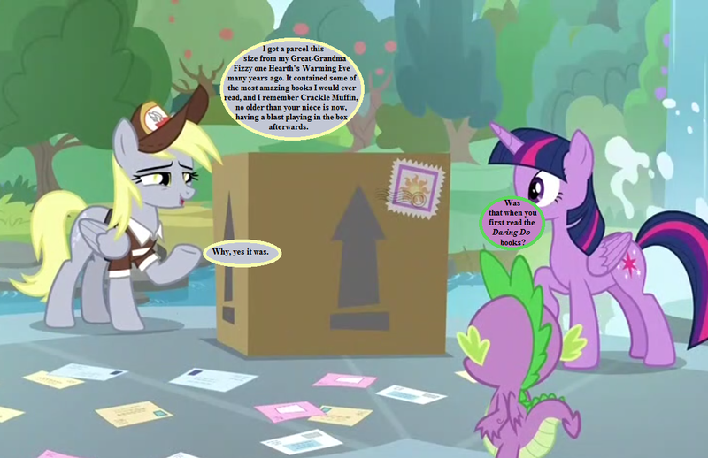 Size: 1088x704 | Tagged: alicorn, arrow, box, cropped, derpibooru import, derpy hooves, dialogue, dragon, edit, edited screencap, envelope, g1, g1 to g4, generation leap, hat, implied crackle pop, implied fizzy, letter, mail, mailmare hat, mailpony uniform, parcel, safe, screencap, speech bubble, spike, the point of no return, tree, twilight sparkle, twilight sparkle (alicorn), waterfall, winged spike