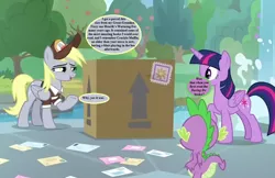 Size: 1088x704 | Tagged: alicorn, arrow, box, cropped, derpibooru import, derpy hooves, dialogue, dragon, edit, edited screencap, envelope, g1, g1 to g4, generation leap, hat, implied crackle pop, implied fizzy, letter, mail, mailmare hat, mailpony uniform, parcel, safe, screencap, speech bubble, spike, the point of no return, tree, twilight sparkle, twilight sparkle (alicorn), waterfall, winged spike