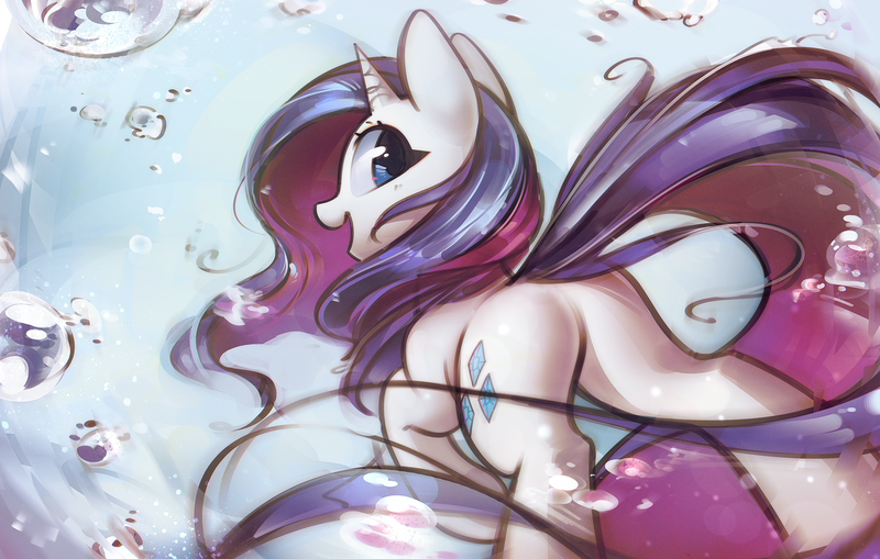 Size: 1820x1159 | Tagged: safe, artist:mirroredsea, derpibooru import, rarity, pony, unicorn, butt, cute, droplet, featureless crotch, female, from below, image, long tail, looking at you, looking back, looking back at you, low angle, mare, open mouth, plot, png, raised hoof, raribetes, rearity, smiling, solo, water, water droplet, windswept mane, windswept tail