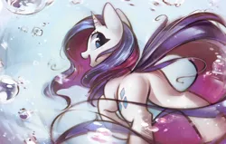 Size: 1820x1159 | Tagged: safe, artist:mirroredsea, derpibooru import, rarity, pony, unicorn, butt, cute, droplet, featureless crotch, female, from below, image, long tail, looking at you, looking back, looking back at you, low angle, mare, open mouth, plot, png, raised hoof, raribetes, rearity, smiling, solo, water, water droplet, windswept mane, windswept tail