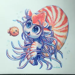 Size: 2048x2040 | Tagged: safe, artist:dawnfire, derpibooru import, oc, oc:nautila, unofficial characters only, fish, nautilus, nautilus pony, original species, pony, sea pony, blowfish, commission, female, mare, tentacles, traditional art, underwater