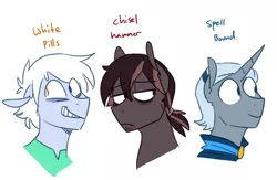 Size: 935x610 | Tagged: safe, artist:redxbacon, derpibooru import, oc, oc:chisel hammer, oc:spell bound, oc:white pills, unofficial characters only, earth pony, pony, unicorn, crazy face, faic, male, rule 63