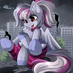 Size: 4444x4444 | Tagged: safe, artist:airiniblock, derpibooru import, oc, oc:windbreaker, unofficial characters only, human, pegasus, pony, absurd resolution, building, city, clothes, collar, commission, crush fetish, destruction, earthquake, female, fetish, giant pony, helicopter, leg warmers, macro, people, rcf community, size difference, solo focus, tree, underhoof