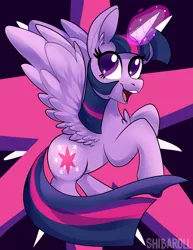 Size: 2975x3850 | Tagged: safe, artist:shibaroll, deleted from derpibooru, derpibooru import, twilight sparkle, twilight sparkle (alicorn), alicorn, pony, chest fluff, colored pupils, cute, cutie mark background, ear fluff, female, glowing horn, horn, magic, mare, open mouth, solo, starry eyes, twiabetes, wingding eyes, wings