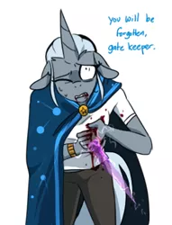 Size: 298x391 | Tagged: grimdark, artist:redxbacon, derpibooru import, oc, oc:spell bound, unofficial characters only, anthro, unicorn, anthro oc, blood, cloak, clothes, injured, magic, spear, weapon