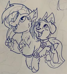 Size: 1525x1686 | Tagged: artist:rainbow eevee, cheering, collar, crossover, derpibooru import, dog, hippogriff, ink, jumping, lineart, looking up, open mouth, paw patrol, paws, puppy, safe, silverstream, smiling, traditional art, zuma