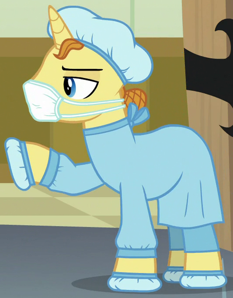 Size: 533x680 | Tagged: safe, derpibooru import, screencap, extra care, pony, unicorn, where the apple lies, background pony, clothes, cropped, doctor, face mask, hair net, male, raised hoof, scrubs (gear), solo, stallion, surgical mask