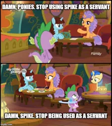 Size: 500x562 | Tagged: safe, derpibooru import, edit, edited screencap, screencap, mystic moonlight, pretzel twist, say cheese, spike, dragon, pony, unicorn, the point of no return, apron, clothes, discovery family logo, eye contact, female, food, looking at each other, mare, meme, naked apron, open mouth, pretzel, quill, the tasty treat, winged spike