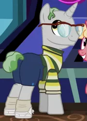 Size: 365x507 | Tagged: safe, derpibooru import, screencap, pony, unicorn, viva las pegasus, background pony, balding, clothes, cropped, glasses, male, shorts, solo focus, stallion