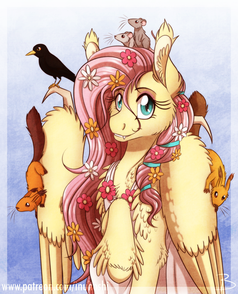 Size: 1600x1977 | Tagged: safe, artist:inuhoshi-to-darkpen, derpibooru import, fluttershy, bird, mouse, pegasus, pony, squirrel, animal, blackbird, cheek fluff, clothes, cute, cute little fangs, ear fluff, fangs, feathered fetlocks, female, flower, flower in hair, fluttershy day, looking at you, mare, raised hoof, shyabetes, sitting on wing, solo, stray strand, unshorn fetlocks, wing claws, wings