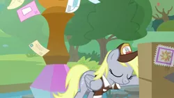 Size: 1920x1080 | Tagged: safe, derpibooru import, screencap, derpy hooves, pegasus, pony, the point of no return, box, clothes, eyes closed, female, hat, letter, mail, mailmare hat, mare, package, shirt, solo
