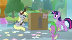 Size: 1920x1080 | Tagged: safe, derpibooru import, screencap, derpy hooves, spike, twilight sparkle, twilight sparkle (alicorn), alicorn, dragon, pony, the point of no return, box, letter, mail, package, winged spike