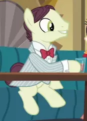 Size: 180x248 | Tagged: safe, derpibooru import, screencap, unnamed character, unnamed pony, earth pony, pony, dungeons and discords, background pony, bowtie, clothes, cropped, male, sitting, solo, stallion, suit