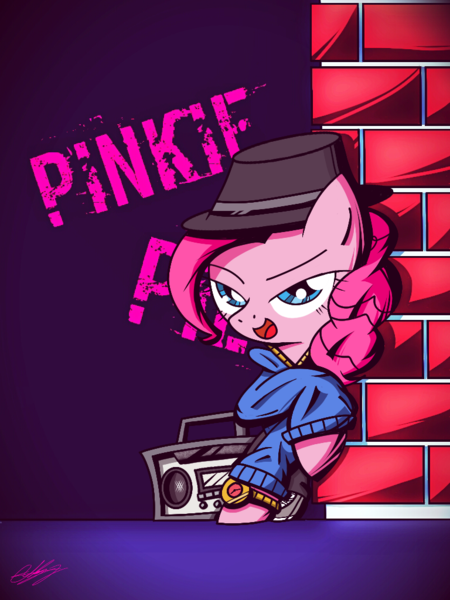 Size: 768x1024 | Tagged: safe, artist:therandomjoyrider, derpibooru import, pinkie pie, pony, testing testing 1-2-3, brick wall, clothes, cute, diapinkes, hat, lidded eyes, open mouth, radio, rapper pie, signature, simple background, solo, watch