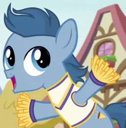 Size: 705x715 | Tagged: safe, derpibooru import, screencap, perky prep, earth pony, pony, the cart before the ponies, background pony, cheerleader, cheerleader outfit, clothes, colt, cropped, foal, male, open mouth, pom pom, solo