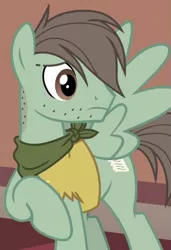 Size: 555x810 | Tagged: safe, derpibooru import, screencap, unnamed character, unnamed pony, pegasus, pony, stranger than fan fiction, background pony, clothes, cropped, male, raised hoof, solo, spread wings, stallion, stubble, wings