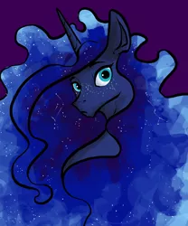 Size: 2500x3000 | Tagged: safe, artist:greyscaleart, derpibooru import, princess luna, alicorn, pony, constellation freckles, ethereal mane, female, freckles, looking at you, mare, purple background, simple background, solo, starry mane