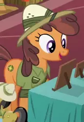 Size: 203x295 | Tagged: safe, derpibooru import, screencap, cardinal point, earth pony, pony, stranger than fan fiction, background pony, clothes, cosplay, costume, cropped, female, hat, mare, pith helmet, shirt, solo