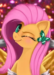 Size: 4550x6300 | Tagged: safe, artist:darksly, derpibooru import, fluttershy, pegasus, pony, absurd resolution, blushing, bust, cute, female, heart, looking at you, one eye closed, portrait, shyabetes, smiling, solo, spread wings, wings, wink