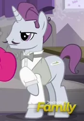 Size: 374x538 | Tagged: safe, derpibooru import, screencap, unnamed character, unnamed pony, pony, unicorn, spice up your life, background pony, bowtie, clothes, cropped, discovery family logo, facial hair, male, moustache, raised hoof, shirt, solo focus, stallion, waiter