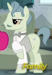 Size: 374x530 | Tagged: safe, derpibooru import, screencap, unnamed character, unnamed pony, pony, unicorn, spice up your life, background pony, bowtie, clothes, cropped, discovery family logo, facial hair, male, moustache, raised hoof, shirt, solo focus, stallion, waiter