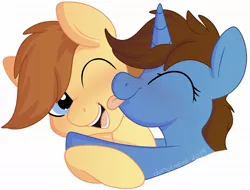 Size: 1977x1505 | Tagged: safe, artist:donutnerd, derpibooru import, oc, oc:tech magic, unofficial characters only, earth pony, pony, unicorn, blushing, brown mane, couple, face licking, female, friendship, happy, licking, male, mare, one eye closed, playful, stallion, tongue out