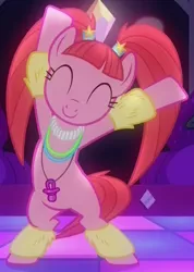 Size: 464x652 | Tagged: safe, derpibooru import, screencap, pacific glow, earth pony, pony, the saddle row review, bipedal, cute, dancing, eyes closed, female, glowbetes, glowing necklace, leg warmers, mare, pacifier, pigtails, smiling, twintails