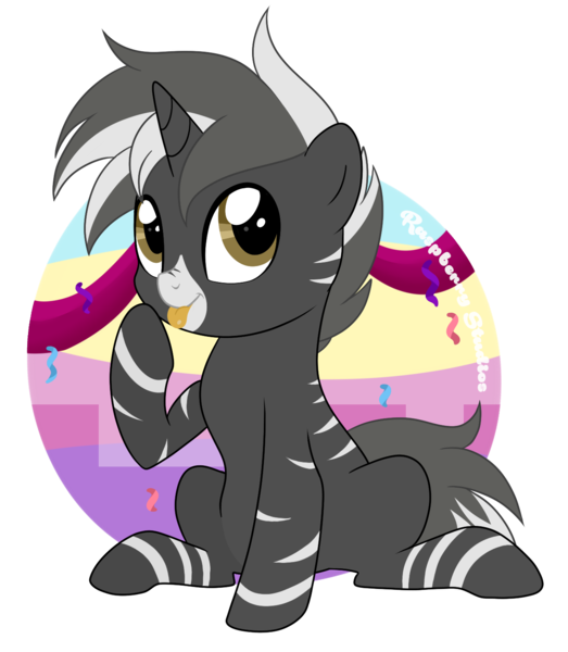 Size: 1307x1499 | Tagged: artist:raspberrystudios, birthday, chibi, derpibooru import, gift art, hybrid, oc, oc:shadow strike, safe, streamers, unofficial characters only, zebra, zebra oc, zony