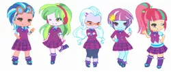 Size: 2672x1132 | Tagged: safe, artist:ocean-drop, derpibooru import, indigo zap, lemon zest, sour sweet, sugarcoat, sunny flare, equestria girls, chibi, clothes, crossed arms, crystal prep academy uniform, crystal prep shadowbolts, cute, goggles, headphones, looking at you, one eye closed, school uniform, shadow five, simple background, smiling, white background, wink