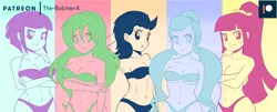 Size: 1150x464 | Tagged: suggestive, artist:the-butch-x, derpibooru import, indigo zap, lemon zest, sour sweet, sugarcoat, sunny flare, art pack:mating season, equestria girls, armpits, belly button, bra, breasts, busty indigo zap, busty lemon zest, busty sour sweet, busty sugarcoat, busty sunny flare, clothes, crossed arms, female, females only, freckles, looking at you, panties, patreon, patreon logo, shadow five, unamused, underwear