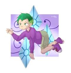 Size: 2479x2571 | Tagged: artist:artyfour, child, clothes, converse, cutie mark, derpibooru import, floating, full body, green eyes, green hair, human, humanized, human spike, implied rarity, implied shipping, implied sparity, implied straight, male, safe, shirt, shoes, shorts, sneakers, solo, spike