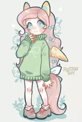 Size: 1280x1895 | Tagged: artist:kura, bottomless, bow, clothes, cute, derpibooru import, eared humanization, female, fluttershy, full body, hair bow, human, humanized, no nose, no pupils, partial nudity, safe, shyabetes, solo, sweater, sweatershy, tail bow, tailed humanization, winged humanization, wings