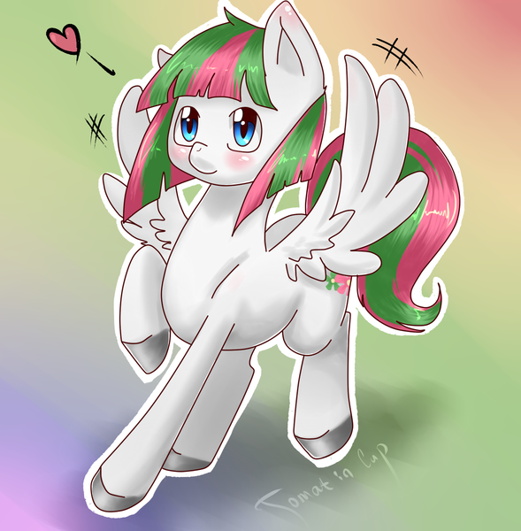 Size: 1177x1200 | Tagged: safe, artist:tomat-in-cup, derpibooru import, blossomforth, pegasus, pony, abstract background, adoraforth, blushing, colored hooves, cute, female, gradient background, heart, mare, raised hoof, solo, spread wings, wing flap, wings