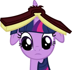 Size: 643x621 | Tagged: safe, artist:fallingferret, derpibooru import, twilight sparkle, pony, unicorn, secret of my excess, book, book hat, bust, female, floppy ears, frown, horn, horn impalement, mare, simple background, solo, transparent background, unicorn twilight, vector
