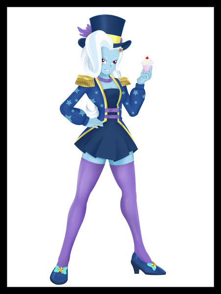 Size: 5100x6800 | Tagged: safe, artist:kenuma, derpibooru import, trixie, equestria girls, equestria girls series, street magic with trixie, spoiler:eqg series (season 2), barrette, beautiful, beautisexy, breasts, cherry, cleavage, clothes, collar, cropped, cupcake, cute, diatrixes, dressing, epaulettes, female, food, fuirt, hairclip, hairpin, hands on hip, hat, high heels, jacket, leaked episode, legs, miniskirt, purple eyes, shoes, short dress, skirt, smiling, socks, solo, stockings, thigh highs, thighs, top hat, trixie's hat, white hair, zettai ryouiki