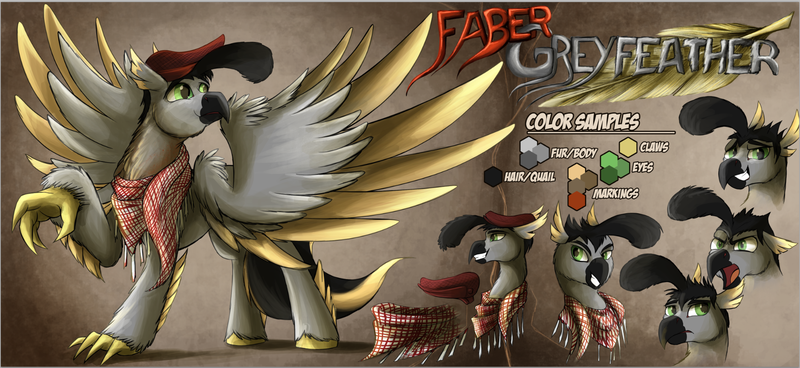 Size: 1919x882 | Tagged: artist:jamescorck, beak, bird, derpibooru import, hat, hippogriff, hippogriff oc, hooves, male, oc, oc:faber greyfeather, quail, reference, reference sheet, safe, shemagh, solo, stallion, talons, two toned tail, two toned wings, unofficial characters only, wings