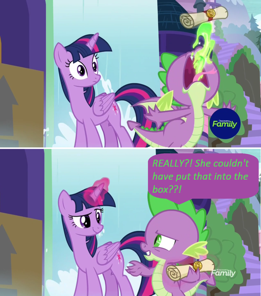 Size: 1360x1542 | Tagged: safe, derpibooru import, edit, edited screencap, screencap, spike, twilight sparkle, twilight sparkle (alicorn), alicorn, dragon, pony, the point of no return, burp, comic, dialogue, discovery family logo, dragon mail, dragonfire, female, fire, green fire, magic, magic aura, male, mare, screencap comic, scroll, waterfall, winged spike