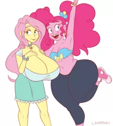 Size: 1800x2004 | Tagged: suggestive, artist:lamarkey, derpibooru import, fluttershy, pinkie pie, bat pony, human, equestria girls, alternate hairstyle, armpits, belly, belly button, big breasts, bracelet, breasts, busty fluttershy, chubbie pie, chubby, cleavage, clothes, converse, duo, duo female, ear piercing, earring, fat, female, females only, flutterbat, hand on breasts, huge breasts, image, impossibly large breasts, impossibly wide hips, jewelry, jpeg, leggings, midriff, necklace, open mouth, pearl necklace, piercing, pigtails, pudgy pie, race swap, ribbon, shoes, signature, simple background, skirt, smiling, sneakers, standing, thighs, thunder thighs, white background, wide hips