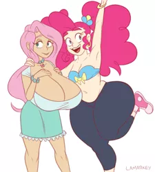 Size: 1800x2004 | Tagged: suggestive, alternate version, artist:lamarkey, derpibooru import, fluttershy, pinkie pie, bat pony, human, alternate hairstyle, armpits, belly, belly button, big breasts, bracelet, breasts, busty fluttershy, chubbie pie, chubby, cleavage, clothes, converse, duo, duo female, ear piercing, earring, fat, female, females only, flutterbat, hand on breasts, huge breasts, humanized, impossibly large breasts, impossibly wide hips, jewelry, leggings, midriff, necklace, open mouth, pearl necklace, piercing, pigtails, pudgy pie, race swap, ribbon, shoes, signature, simple background, skirt, smiling, sneakers, standing, thighs, thunder thighs, white background, wide hips