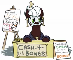 Size: 1096x896 | Tagged: safe, artist:jargon scott, derpibooru import, oc, oc:the bone mare, unofficial characters only, earth pony, pony, bone, bone hurting juice, ear piercing, earring, female, futurama, idiocracy, jewelry, lemonade stand, mare, notepad, piercing, skull