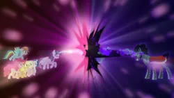 Size: 1600x900 | Tagged: safe, artist:masem, artist:sailortrekkie92, derpibooru import, edit, applejack, fluttershy, king sombra, pinkie pie, rainbow dash, rarity, twilight sparkle, twilight sparkle (alicorn), alicorn, earth pony, pegasus, pony, unicorn, the beginning of the end, angry, beam struggle, blast, dark magic, eyes closed, female, fight, flying, magic, magic blast, male, mane six, mare, raised hoof, stallion, wallpaper, wallpaper edit, wings