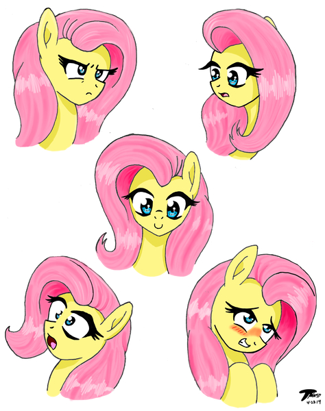 Size: 6000x7600 | Tagged: safe, artist:brekrofmadness, derpibooru import, fluttershy, pony, blushing, bust, expressions, female, glare, hooves to the chest, looking at you, mare, portrait, simple background, smiling, solo, surprised, unamused, white background