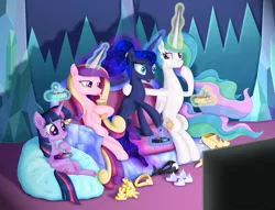 Size: 3104x2376 | Tagged: safe, artist:lifesharbinger, derpibooru import, princess cadance, princess celestia, princess luna, twilight sparkle, twilight sparkle (alicorn), alicorn, pony, alicorn tetrarchy, alternate hairstyle, controller, couch, cup, drink, drinking, female, gift art, hoof hold, hoof shoes, joystick, levitation, magic, open mouth, ponytail, royal sisters, straw, telekinesis, television