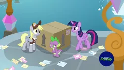 Size: 1920x1080 | Tagged: safe, derpibooru import, screencap, derpy hooves, spike, twilight sparkle, twilight sparkle (alicorn), alicorn, dragon, pony, the point of no return, letter, package, winged spike