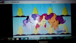 Size: 1280x720 | Tagged: safe, derpibooru import, screencap, apple bloom, babs seed, scootaloo, sweetie belle, pony, one bad apple, channel, computer, cutie mark crusaders, eyes closed, female, filly, icon, internet explorer, laptop computer, microsoft, photo, picture of a screen, quick, the hub, toshiba, toshiba satellite, video, windows, windows 7, youtube